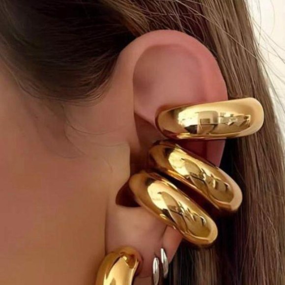 Chunky Ear Cuff Earrings,  Classic C-Shape Stacking Earrings,  Thick Gold Cuff - Picture 2 of 6